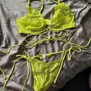 Lace Tie-Back Bralette & String Bikini Set in Neon Yellow